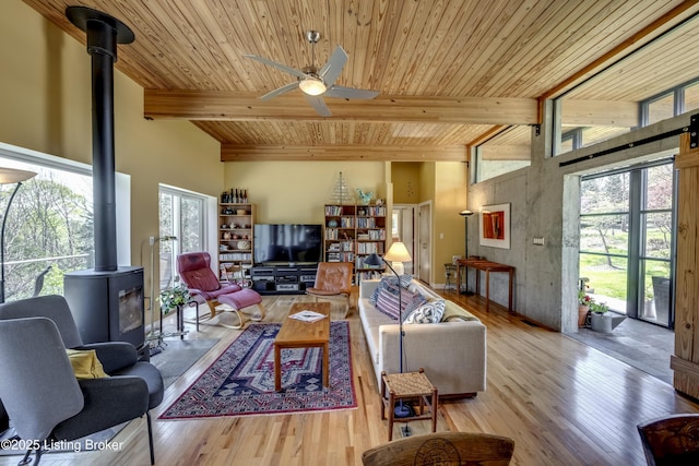 living area with beamed ceiling, wood ceiling, a wood stove, and ceiling fan