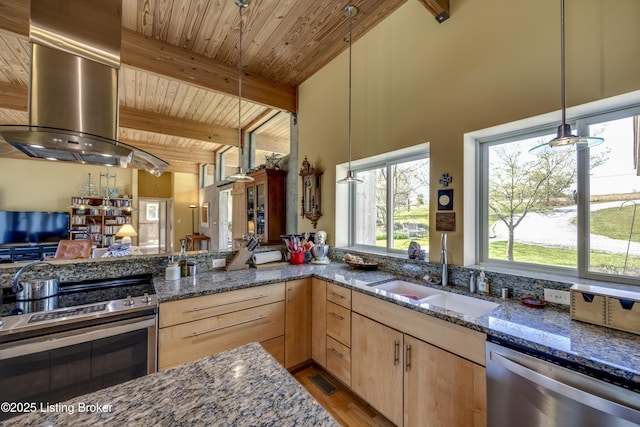 kitchen featuring high vaulted ceiling, dark stone countertops, a sink, light brown cabinetry, and appliances with stainless steel finishes