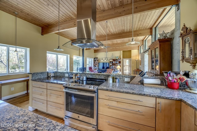 kitchen with light wood finished floors, stainless steel electric stove, wooden ceiling, island range hood, and light brown cabinets