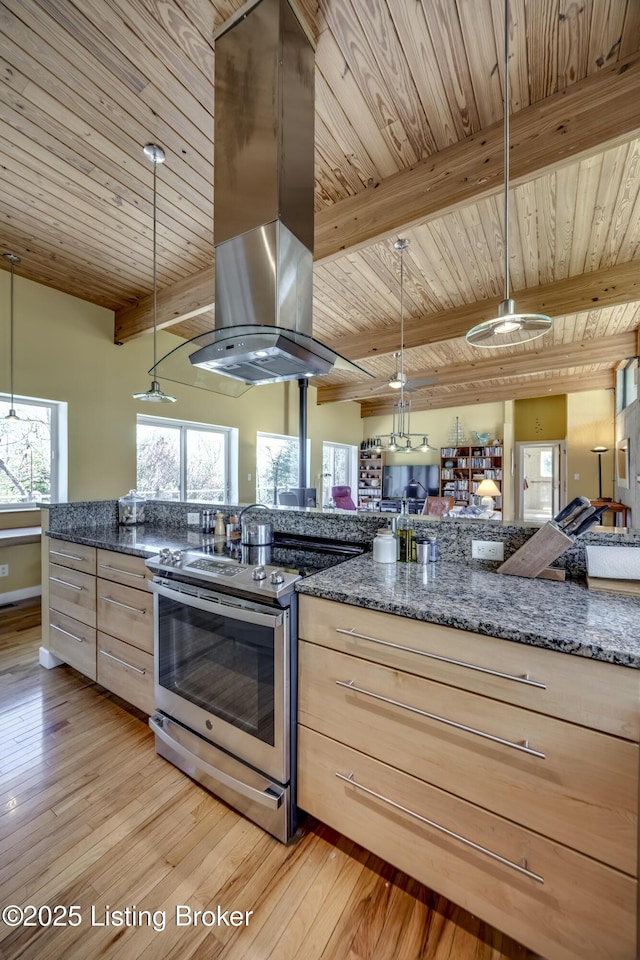 kitchen with electric range, island range hood, wood ceiling, and light wood-type flooring