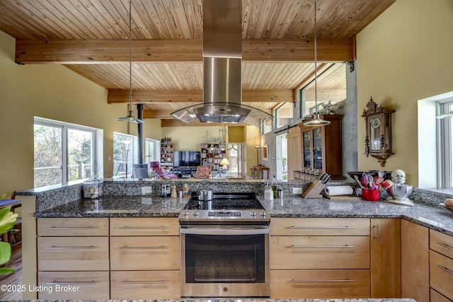 kitchen featuring light brown cabinetry, beam ceiling, electric range, open floor plan, and wood ceiling