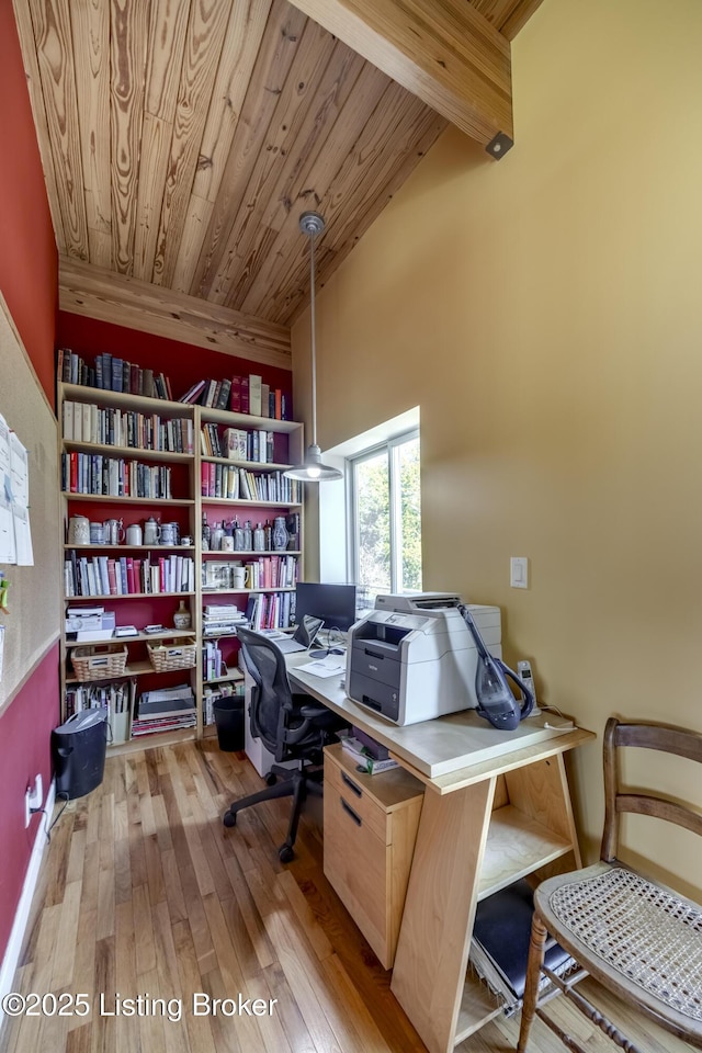 home office with hardwood / wood-style flooring, lofted ceiling, and wooden ceiling
