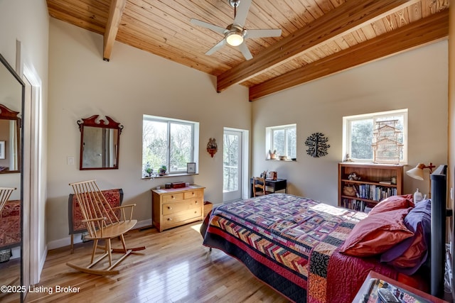bedroom with beamed ceiling, light wood-style floors, and wooden ceiling
