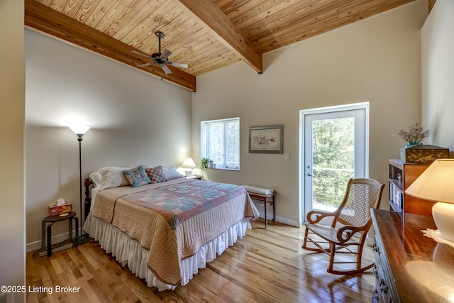 bedroom with light wood-style flooring, baseboards, beamed ceiling, access to outside, and wooden ceiling