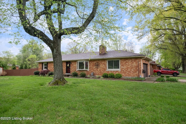 ranch-style house featuring a chimney, a front lawn, fence, a garage, and brick siding