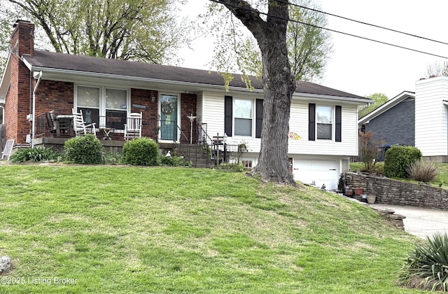 ranch-style house featuring a chimney, a front lawn, concrete driveway, covered porch, and a garage