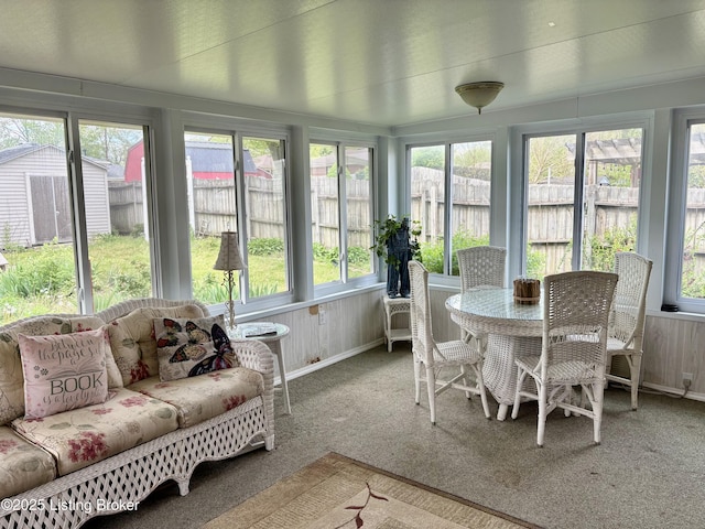 sunroom / solarium with wooden walls, a healthy amount of sunlight, and carpet flooring