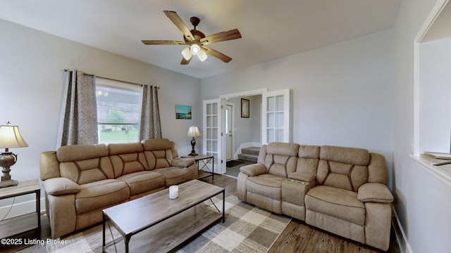 702 11th St, Carrollton, KY 41008 - living area featuring french doors, wood finished floors, and ceiling fan