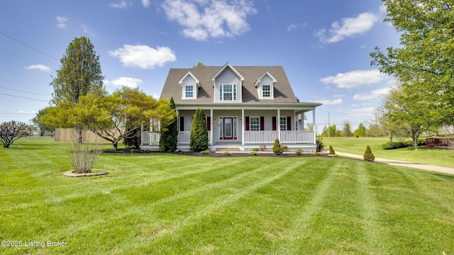 cape cod home with a porch and a front lawn