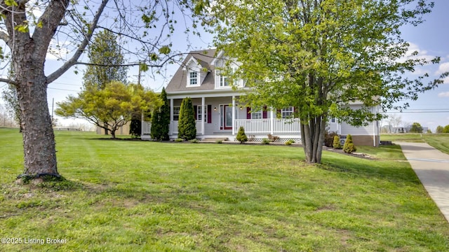 cape cod home with a porch and a front yard