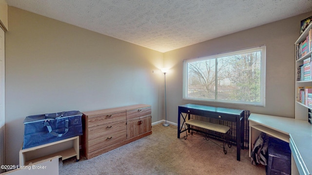 office space featuring baseboards, light carpet, and a textured ceiling