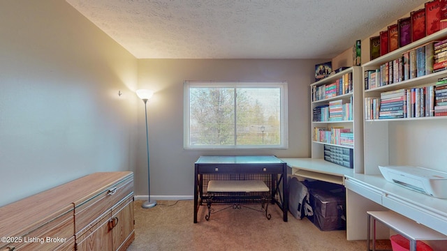 office area with a textured ceiling, light colored carpet, and baseboards