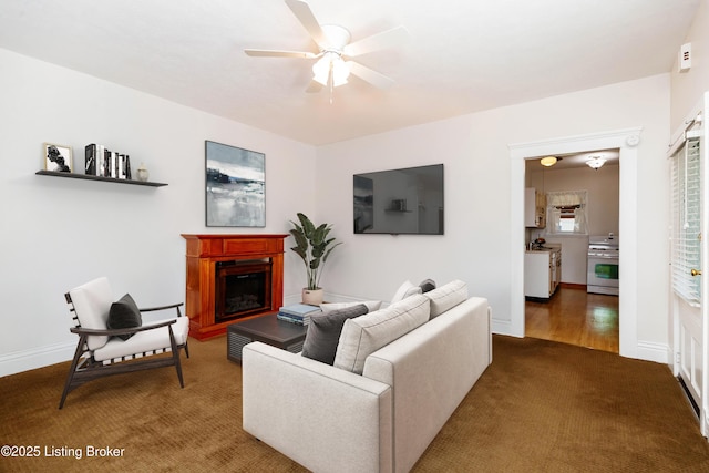 1035 Lydia St, Louisville, KY 40217 - living room with a fireplace, carpet floors, ceiling fan, and baseboards