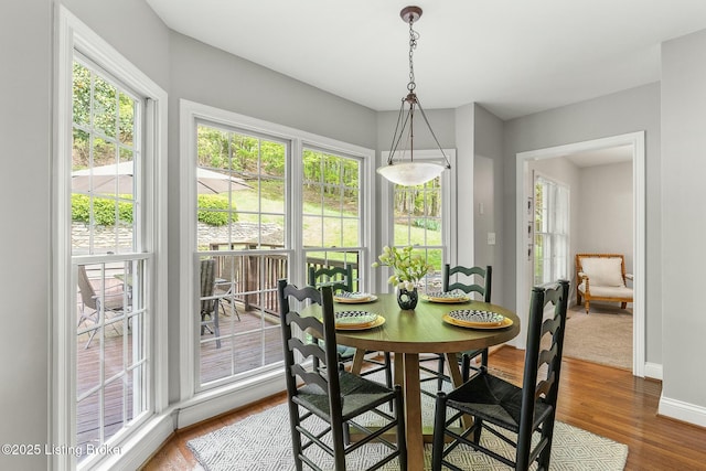 dining space with baseboards and wood finished floors