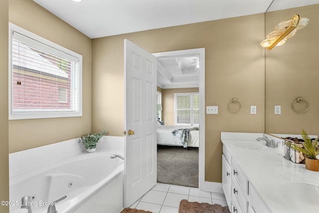 full bathroom featuring connected bathroom, a sink, double vanity, a tub with jets, and tile patterned flooring