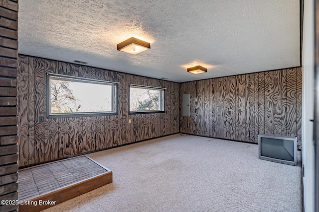 carpeted empty room featuring electric panel, wood walls, and a textured ceiling