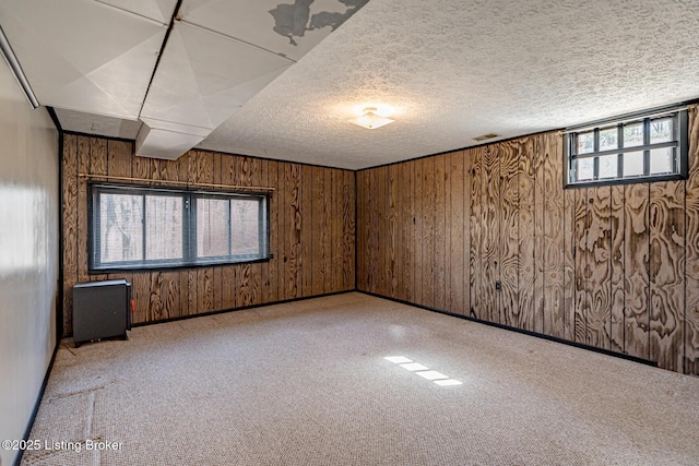 empty room featuring baseboards, wood walls, a textured ceiling, and carpet