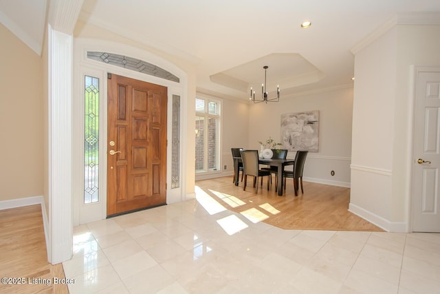 1038 Garden Creek Cir, Louisville, KY 40223 - entrance foyer with a chandelier, a raised ceiling, baseboards, light tile patterned floors, and recessed lighting