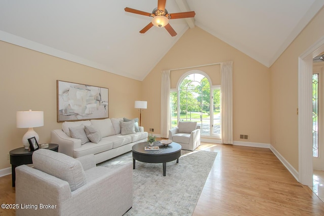 1038 Garden Creek Cir, Louisville, KY 40223 - living area with high vaulted ceiling, beamed ceiling, healthy amount of natural light, a ceiling fan, and light wood-style floors