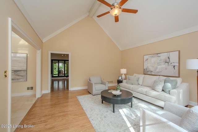1038 Garden Creek Cir, Louisville, KY 40223 - living room featuring ceiling fan, beam ceiling, light wood finished floors, high vaulted ceiling, and baseboards