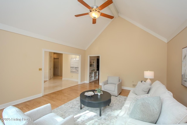 1038 Garden Creek Cir, Louisville, KY 40223 - living area with ceiling fan, beam ceiling, light wood-type flooring, high vaulted ceiling, and baseboards