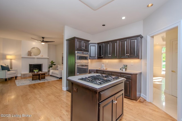 1038 Garden Creek Cir, Louisville, KY 40223 - kitchen featuring appliances with stainless steel finishes, a fireplace with raised hearth, open floor plan, a ceiling fan, and recessed lighting