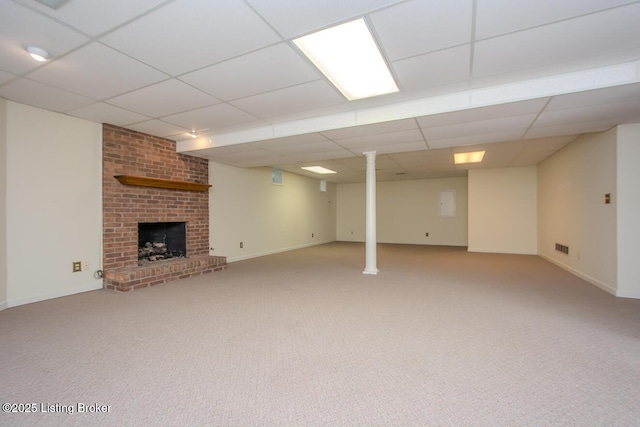 1038 Garden Creek Cir, Louisville, KY 40223 - finished basement with carpet flooring, a fireplace, baseboards, and a paneled ceiling