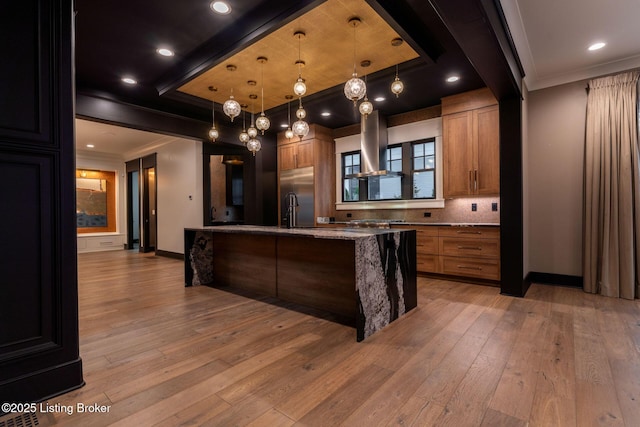 11004 Meeting St, Prospect, KY 40059 - kitchen with island exhaust hood, light wood-type flooring, crown molding, baseboards, and a center island with sink
