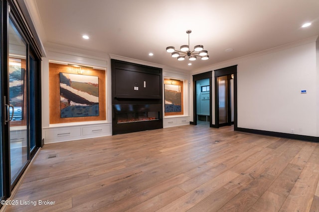 11004 Meeting St, Prospect, KY 40059 - unfurnished living room with ornamental molding, a chandelier, light wood-type flooring, recessed lighting, and a fireplace