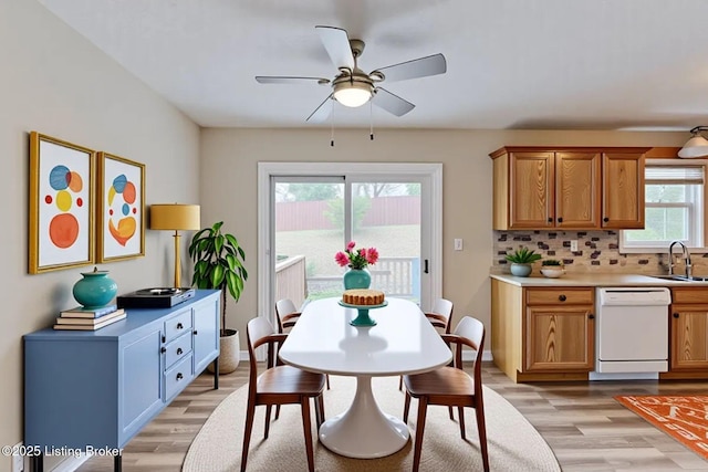 dining room featuring ceiling fan and light wood finished floors