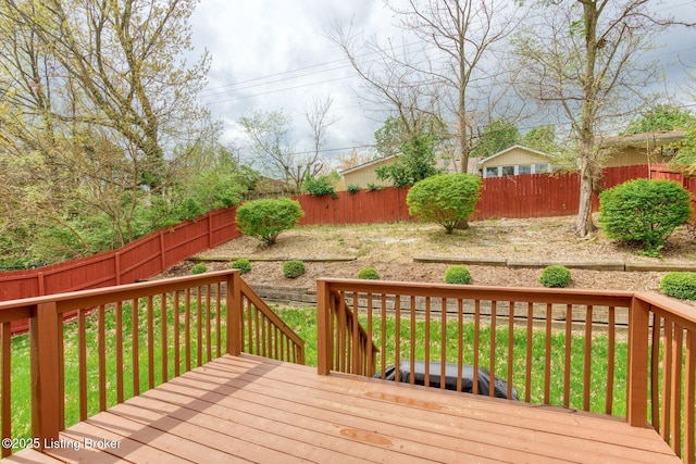 deck featuring a fenced backyard and a lawn