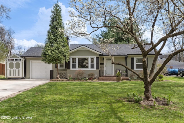 ranch-style home featuring a front yard, stucco siding, a garage, and concrete driveway