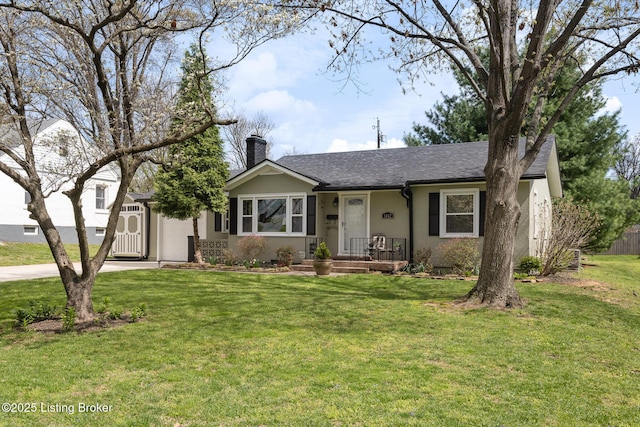 single story home with a shingled roof, a front lawn, a chimney, and stucco siding