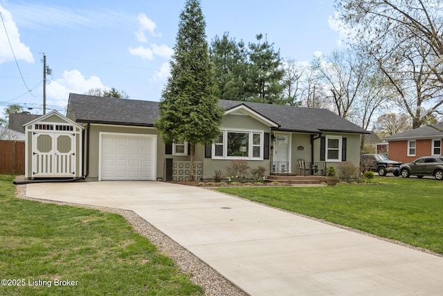 view of front of house featuring stucco siding, concrete driveway, roof with shingles, a front yard, and a garage