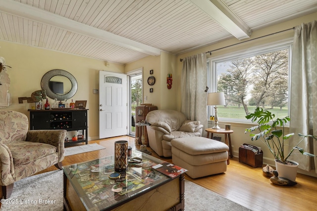 living room with wood finished floors, beam ceiling, and wood ceiling
