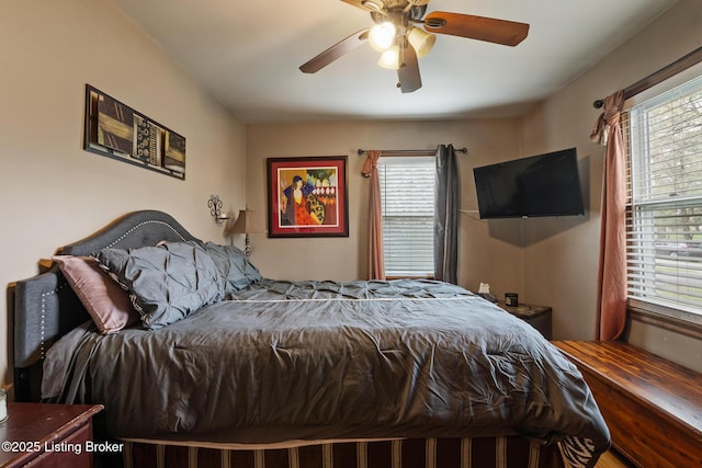 bedroom featuring multiple windows and a ceiling fan