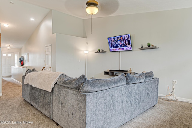 5416 Bannon Crossings Dr, Louisville, KY 40218 - living room featuring light carpet, a ceiling fan, vaulted ceiling, and baseboards