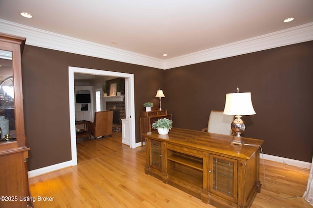 1304 Isleworth Dr, Louisville, KY 40245 - office area with light wood-type flooring, a fireplace, ornamental molding, baseboards, and recessed lighting