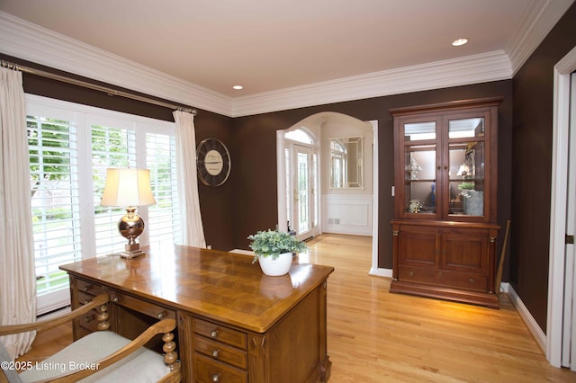 1304 Isleworth Dr, Louisville, KY 40245 - office featuring light wood-style flooring, ornamental molding, and arched walkways