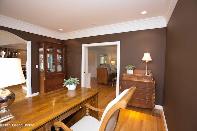 1304 Isleworth Dr, Louisville, KY 40245 - office space with decorative columns, crown molding, arched walkways, light wood finished floors, and baseboards