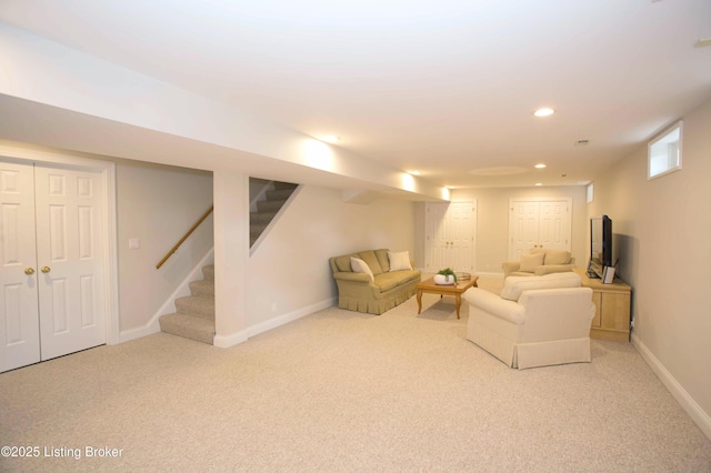 1304 Isleworth Dr, Louisville, KY 40245 - carpeted living area with stairs, baseboards, and recessed lighting