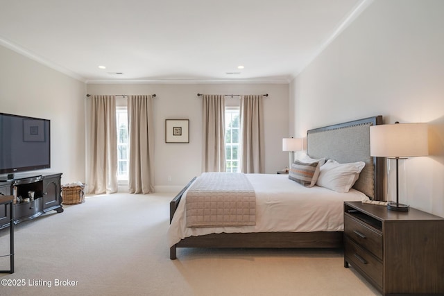 bedroom with multiple windows, light colored carpet, crown molding, and recessed lighting