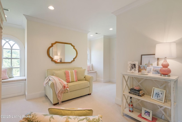 living room featuring light colored carpet, ornamental molding, and recessed lighting