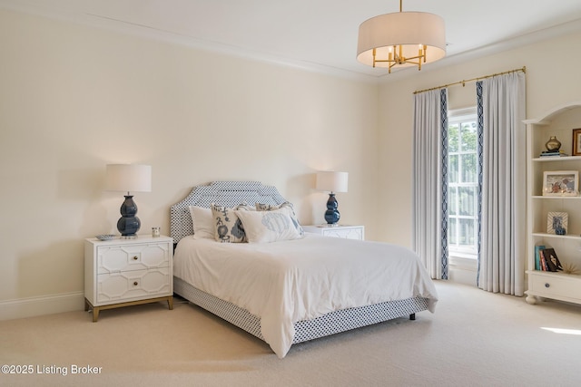 bedroom featuring light carpet