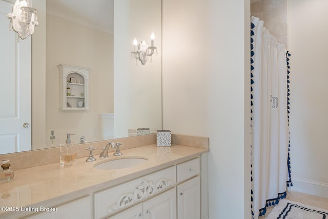 bathroom featuring vanity, tile patterned flooring, and a shower with shower curtain