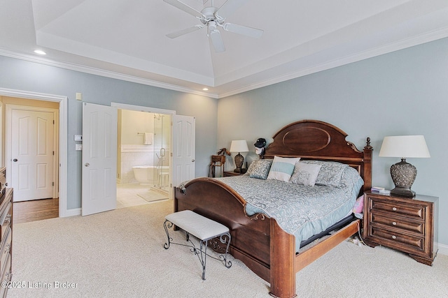 bedroom featuring crown molding, carpet flooring, ensuite bathroom, baseboards, and recessed lighting