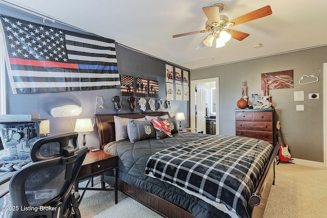 bedroom with carpet, ceiling fan, and baseboards