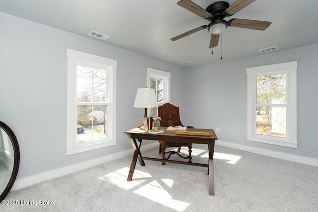 306 E Washington St, La Grange, KY 40031 - carpeted home office with ceiling fan, a wealth of natural light, and visible vents