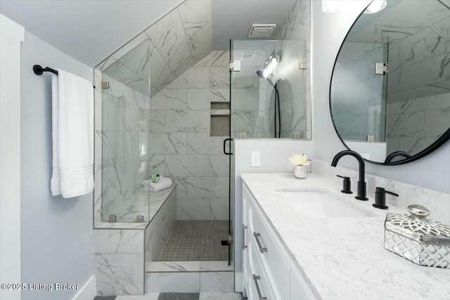 306 E Washington St, La Grange, KY 40031 - bathroom featuring marble finish floor, vanity, and a marble finish shower