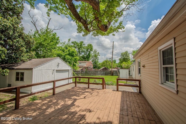3547 Kings Hwy, Louisville, KY 40220 - wooden terrace featuring a garage, an outbuilding, and a fenced backyard